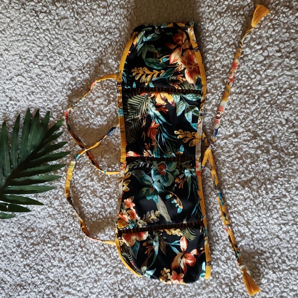Strappy Tropical Floral Tasseled Bandeau Style Bikini Top